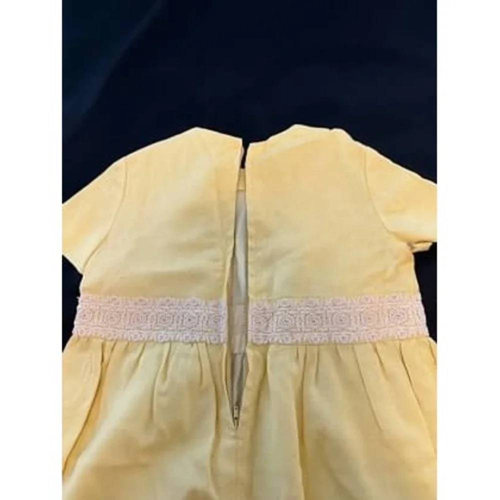 Vintage Girls Yellow Smocked Waist Dress Short Sleeve Special Occasion handmade